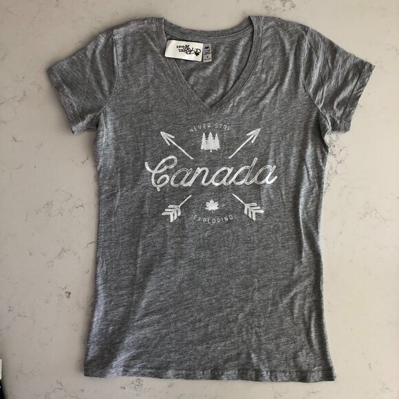 Crossed Arrows Canada Mill Tex V Neck Short Sleeve Cotton Top Heather Grey Sz M - Picture 1 of 10